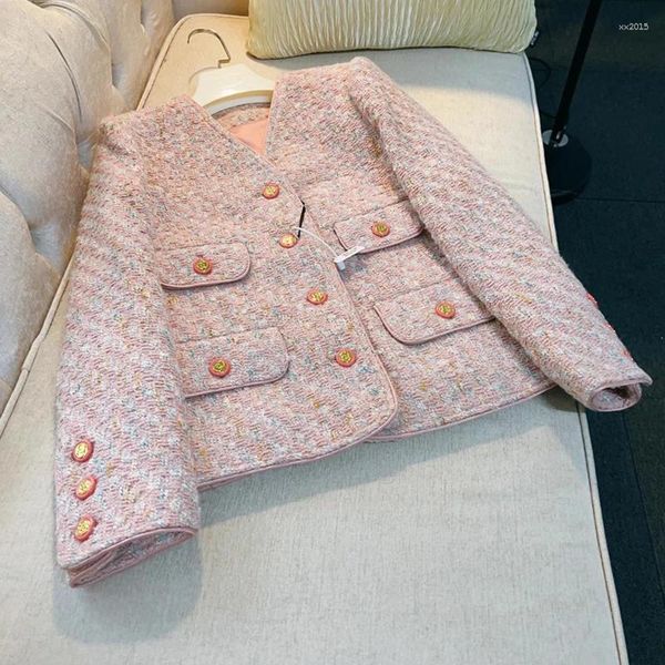 Giacche da donna Designer di lusso Abiti autunno inverno per le donne Elegante scollo a V Abrigo Mujer Invierno 2024 Moda coreana Cappotti in tweed rosa