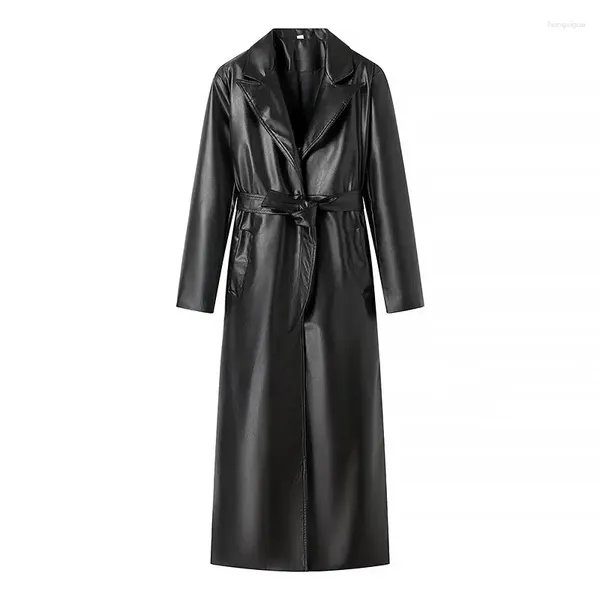 Damen-Leder-Frauen-Mode-Imitat-Schwarz-Trenchcoat-Vintage-Langarm-Taschen-All-Match-Casual-Female-Oberbekleidung-Chic-Mantel