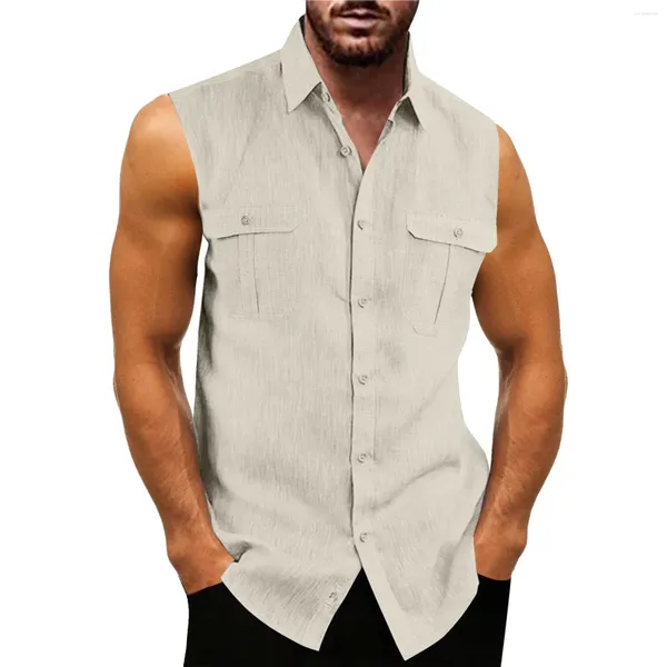 Camisas casuais masculinas homem verão tanque camisa superior bolso duplo sem mangas turn down colarinho masculino fitness esporte rua colete roupas