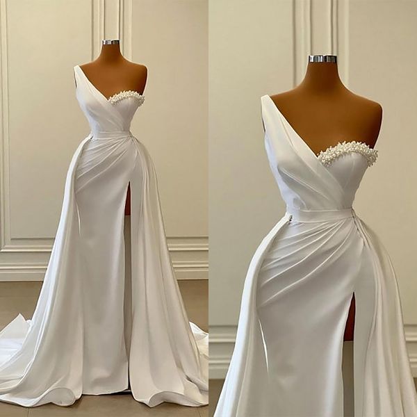 Simples sereia vestidos de casamento pérolas frisado vestidos de noiva com overskirts lado split vestidos de noiva feitos sob encomenda mais tamanho