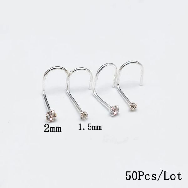 Schmuck Großhandel 925 Sterling Silber 2 mm r 1,5 mm runder klarer Kristall Nasenring Mode Fischschwanz Nasenschraube 50 Stück/Los