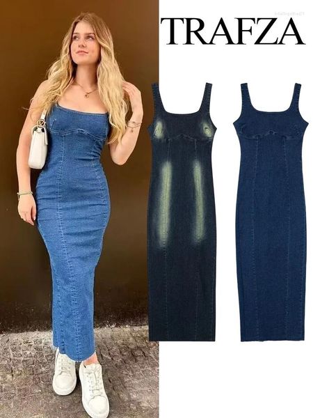 Vestidos casuais trafza verão feminino retro denim vestido moda gola quadrada sem mangas aberta volta zíper magro feminino fenda meados de comprimento