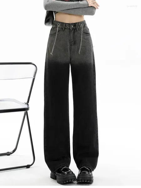 Kadınlar Kot pantolon, yüksek belli kadın kot pantolon kontrast renk metal dekorasyon dantel yukarı geniş bacak moda düz pantolon
