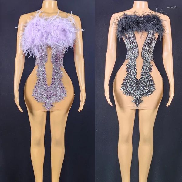Сценическая одежда, фиолетовые, черные меховые стразы, вечерние платья, сексуальное сетчатое вечернее платье для певицы, женский праздничный наряд, танцевальный костюм Gogo XS7384