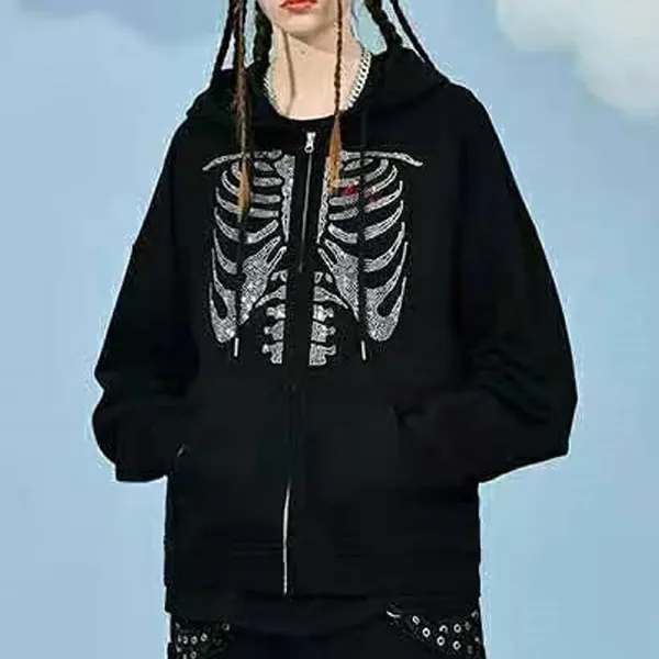 Kadın Hoodies Zip Rhinestone İskelet Hoodie Gotik Tarz Baskı Kapşonlu Sweatshirt Grunge Punk Ceketler Y2K Giysileri