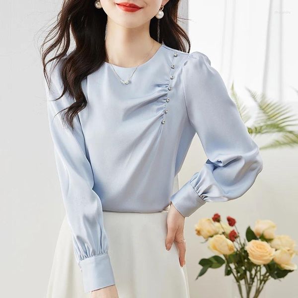 Blusas femininas 2024 outono estilo coreano camisa de cetim miçangas ruched elegante manga longa blusa senhoras o pescoço e topos roupas