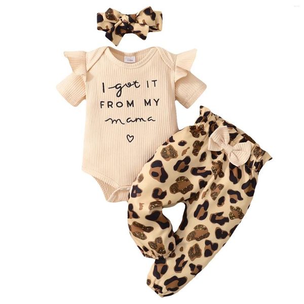 Conjuntos de roupas 3 pcs com faixa de cabeça roupas de bebê conjunto infantil confortável carta leopardo impressão roupa para menina po prop elástico macacão calças presente