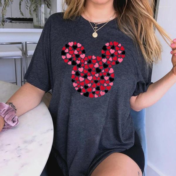 Kadın Tişörtleri Kadın Romantik Gömlek Zengin ve Renkli Kalpler Karikatür Fare Kafaları Makyaj Kısa Kollu Baskı Gevşek Temel Sevimli Giysiler