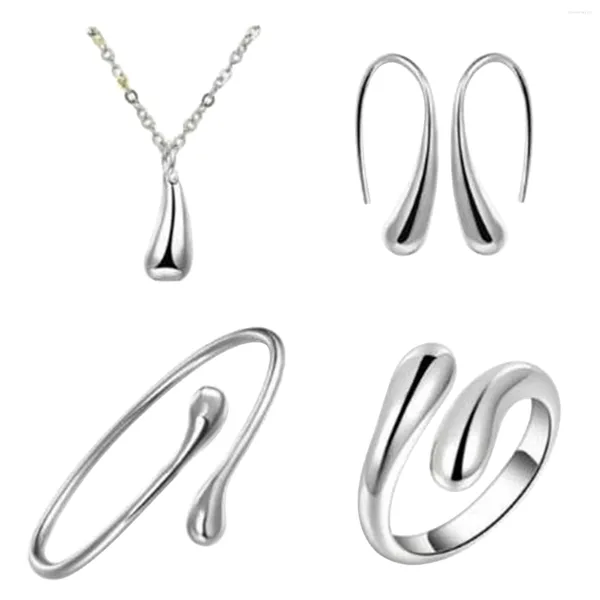 Halskette-Ohrringe-Set, 4-teilig, für Damen, Valentinstag, Dating, Schmuck, Hochzeit, Armband, Party, Ring, baumelnde Ohrringe, Wassertropfenform, versilbert