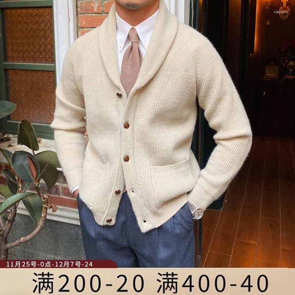 Suéteres masculinos retro outono e inverno quente designer nicho jaqueta de malha cáqui estilo japonês fino casual cardigan para homens