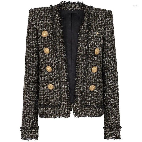 Женские куртки 2024, осень-зима, женская куртка, европейский золотой клетчатый твидовый кардиган с бахромой, пальто с кисточками, топы X522