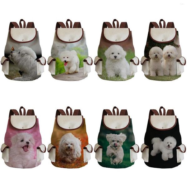 Borse da scuola Kawaii Bichon Stampa lo zaino Simpatico cane Grafica Casual Zaini da viaggio ad alta capacità da donna Zaini con coulisse per esterni