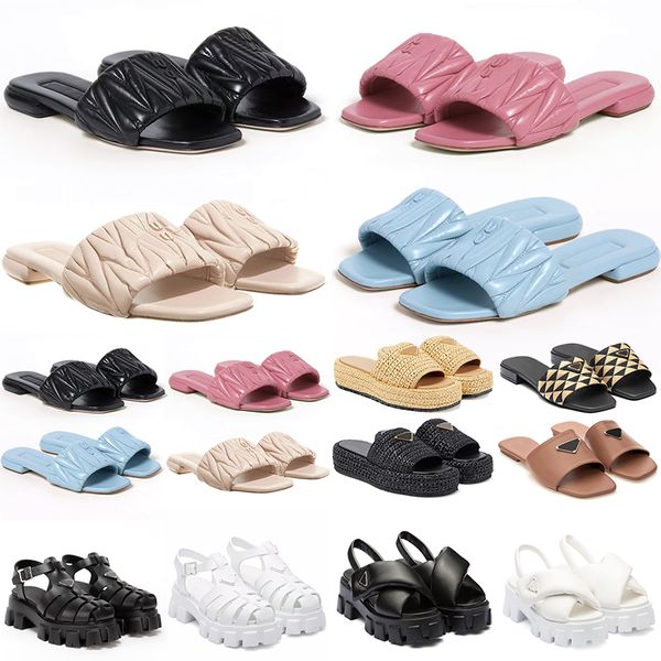 2024 Espadrille Designer für Damen Sandalen Slides Hausschuhe Miui Plattform Luxus Schwarz Rosa Damen Mädchen Matelasse Nappaleder Slides