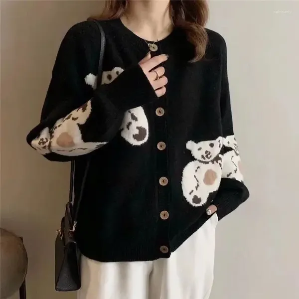 Malhas femininas urso impressão vintage coreano o pescoço casacos de malha feminino oversize casual y2k estilo preppy preto suéteres comprimento médio cardigan