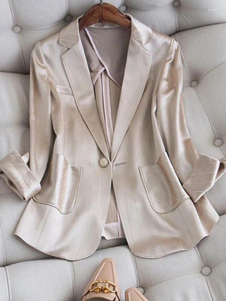 Giacca da donna Giacca da donna Giacca da donna Moda Office Lady Blazer formale a bottone singolo 2024 Elegante colletto dentellato a righe lucide Manica lunga