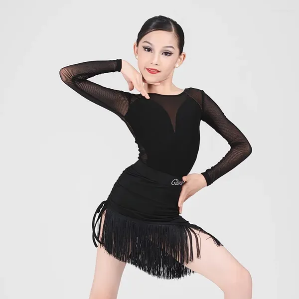 Stage Wear Manica lunga Schiena nuda Top Gonna con nappa Bambini Vestito da ballo latino per ragazza Performance Cha Samba Rumba Abbigliamento NY02 G1187