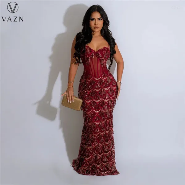 Vestidos casuais vazn 2024 designer de luxo sólido sexy clube lantejoulas espaguete cinta sem mangas sem costas mulheres longo sereia vestido de cuspe