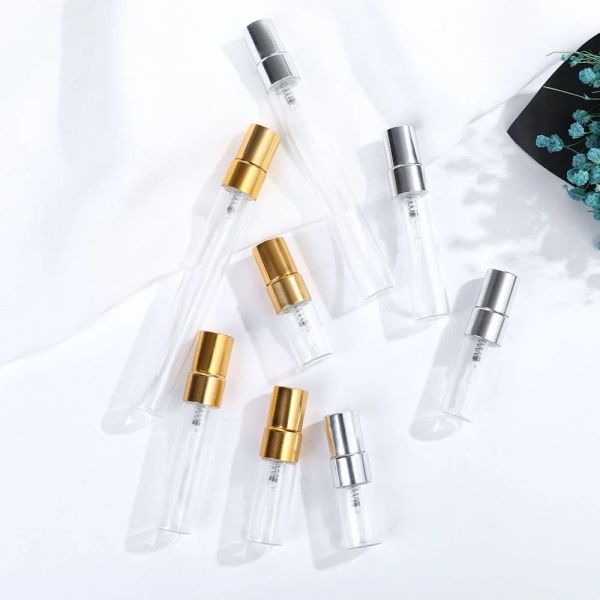 Garrafa 50pcs 2ml 3ml 5ml 10ml portátil vidro perfume mini garrafa vazia spray de viagem recipientes cosméticos com bomba de alumínio