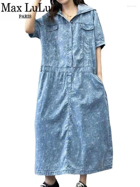 Parti Elbiseleri Max Lulu 2024 Yaz Modeli Moda Moda Gevşek Baskılı Denim Kapüşonlu Koreli Bayanlar Lüks Zarif Çiçek Vestidos