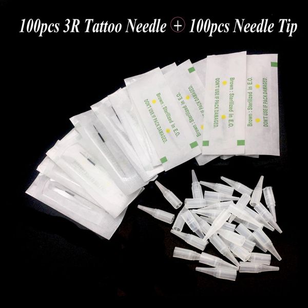 Agulhas 100pcs Tattoo Needle 3R e 100pcs Needle Tip Cap Maquiagem Permanente Sobrancelha Caneta Máquina Descartável Agulhas Dermografo Universal