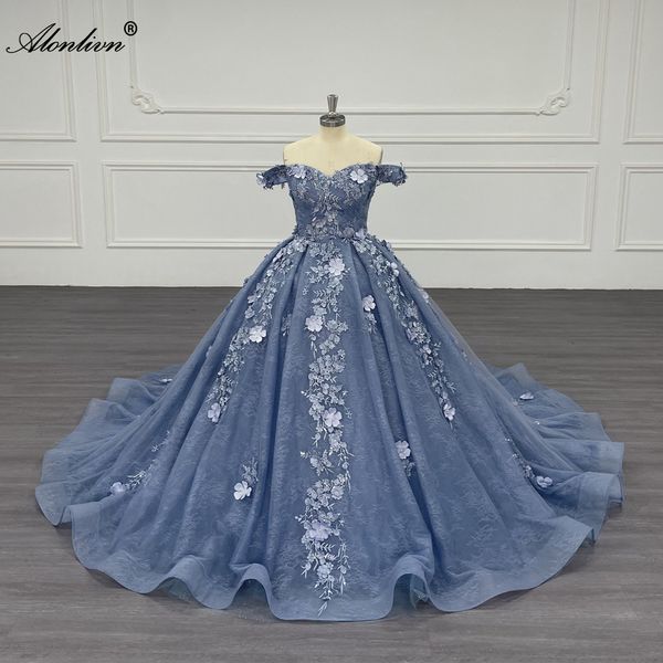 Alonlivn Elegance Schulterfreie Ärmel Ballkleid Brautkleider Perlenstickerei Spitze 3D Blumen Schatz Prinzessin Brautkleider