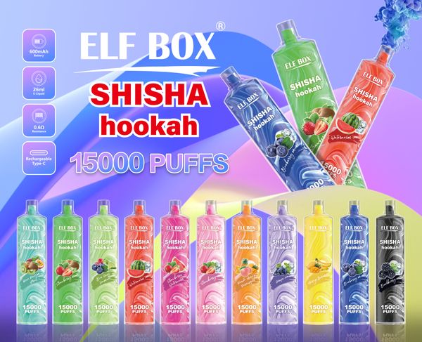 Originale ELF BOX Shisha Narghilè 15000 Sbuffi Sigarette elettroniche Vape monouso Soffio 15k 26ml Pod 0,6ohm Bobina a rete 600mah Ricaricabile 0% 2% 3% 5% Penna