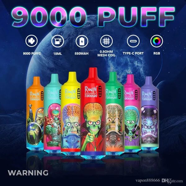 Orijinal Randm Tornado 9000 Puflar Tek Kullanımlık E Sigara 18ml Önceden Pod Büyük Buhar Kapasitesi 850mAh Pil Şarj Edilebilir Mini Vape Kalem Tek Kullanımlık Vape