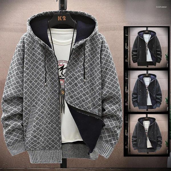 Männer Pullover Männer Mit Kapuze Pullover Strickjacke 2024 Herbst Winter Dicke Warme Fleece Zipper Jacke Strickwaren Mantel Koreanische Kleidung