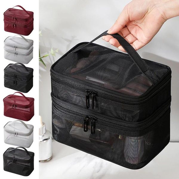 Kosmetiktaschen Reise Transparent Mesh Beutel Doppelschicht Make-Up Handtasche Für Frauen Kulturbeutel Tragbare Kulturbeutel 2024