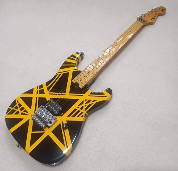 OEM de guitarra elétrica 5150 personalizada, listras amarelas, porca de trava, violão Floyd Rose Tremolo Bridge