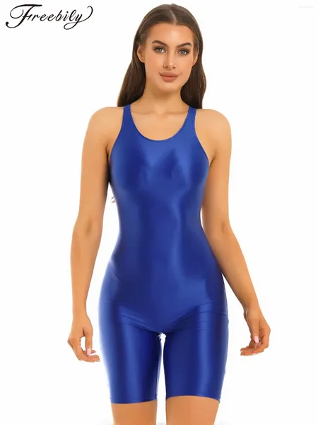 Mulheres Swimwear Sexy Mulheres Oleosas Brilhantes Recorte Bodycon Bodysuit One-Peça Swimsuit Banheira Terno Sem Mangas Macacão Para Treino Esportivo