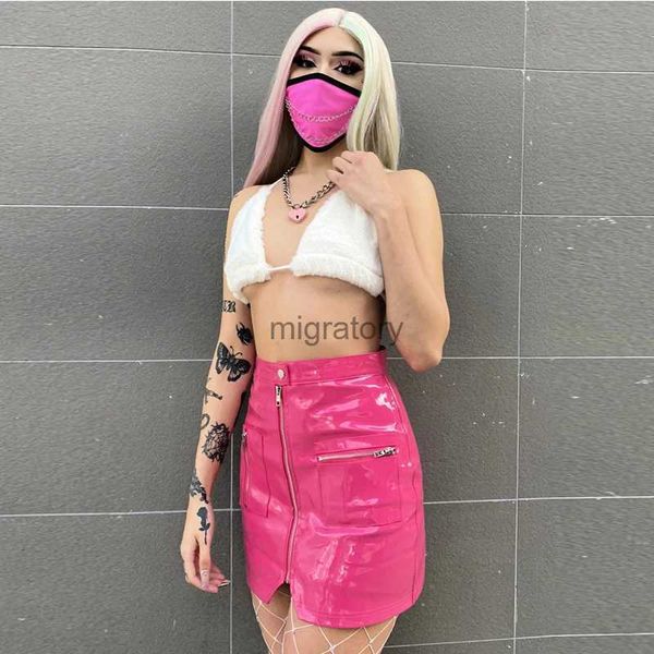 Röcke Skorts Damen Glänzendes Lackleder Kurzer Minirock Reißverschluss Split Faux Latex Sexy Rosa Schwarz PVC Nachtclub Neu YQ240223