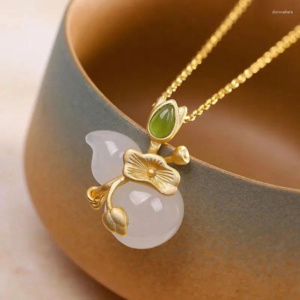 Pingentes de prata incrustada natural hetian jade colar estilo chinês retro folha de lótus cabaça pingente luz luxo charme jóias femininas