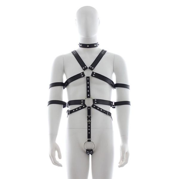 Uomini Punk Rivetto Finimenti di pelle Corpo Bondage Cage Bustier Corsetto Sculptin Bretelle in pelle Bretelle Pantaloni Sexy Cintura maschile255V