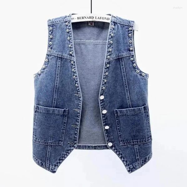 Gilet da donna Moda Rivetto Gilet di jeans Street Wear Scollo a V 2024 Gilet estivo Jeans Tasca superiore Giacca senza maniche