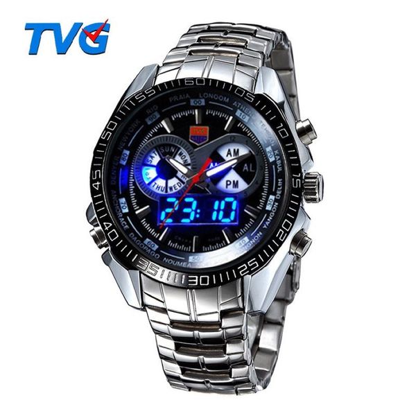 TVG Luxus Herren Sport Uhren Mode Uhr Edelstahl Uhr LED Digtal Uhren Männer 30AM Wasserdichte Armbanduhr Relogio247q