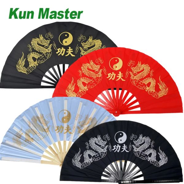 Arti Kun Master Tai Chi Fan Kung Fu Taiji Fan Fan in bambù Arti marziali Doppio ventaglio Stampato doppio drago Multicolor