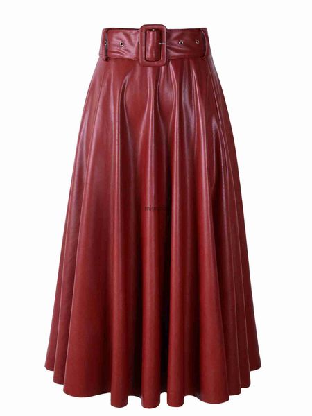 Röcke Skorts 2023 Neue Mode Frauen Herbst Winter PU Kunstleder Dame Hohe Taille A-Line Midi Mid-Calf Maxi Lange Schwarz Weinrot Gürtel YQ240223