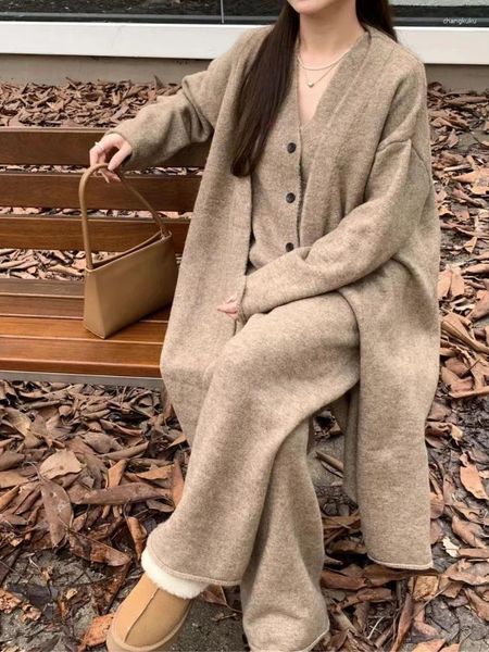 Mulheres calças de duas peças inverno francês malha ternos conjunto casual longo cardigan colete vintage senhora do escritório moda coreana