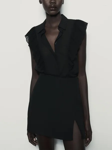 Женские блузки, рубашки для женщин, 2024, модная офисная элегантная полупрозрачная черная блузка, рубашка, верх с воротником с лацканами, без рукавов, шифоновая отделка с рюшами