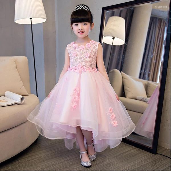 Mädchenkleider Glizt Rosa Applikationen Tüll Blumenkleid Schleppendes Kind Party Hochzeit Mädchen Erstkommunion Kleid Prinzessin