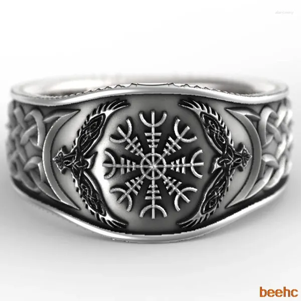 Anéis de Cluster Viking Nordway Celtic Nó Vegvisir Bússola Corvo Moda Vintage Amuleto Escudo de Awe Símbolo para Homens Punk Jóias