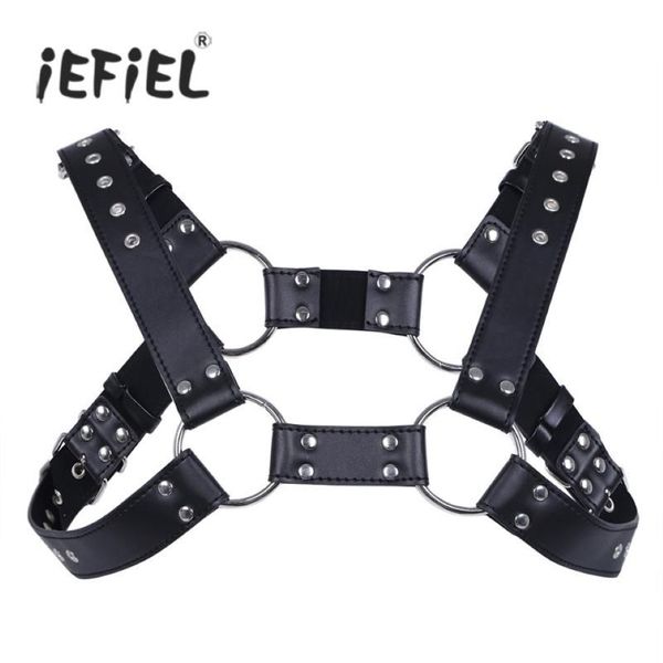 Cintos IeFiel Sexy Men Lingerie Faux Couro Ajustável Corpo Harness Bondage Traje com Fivelas para Roupas Masculinas Acc338W