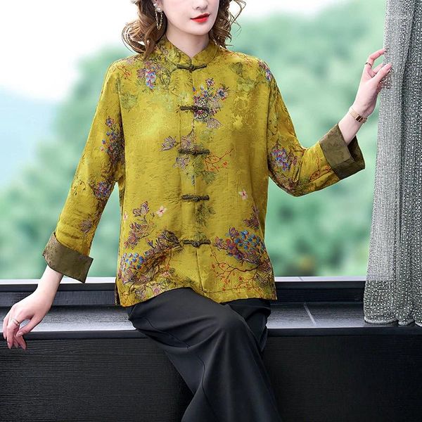 Camicette da donna Pluse Size Camicia Jacquard stile cinese Donna 2024 Primavera e autunno Retro Stand Collor Top elegante monopetto