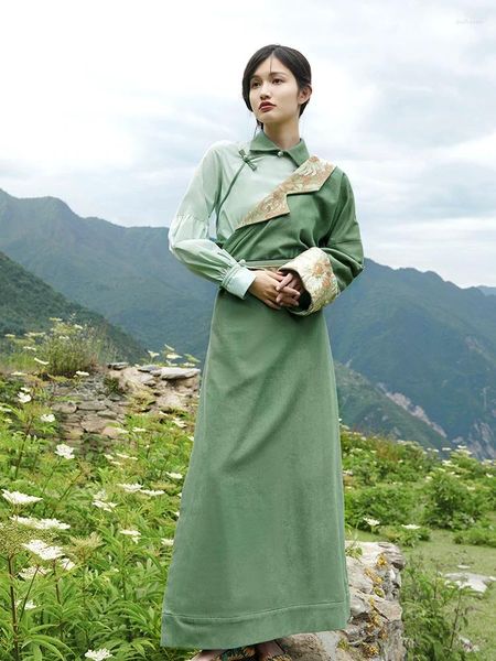 Roupas étnicas Tibetan Women's Robe Verde Melhorado Estilo Nacional Top Tibet Travel Pogal Primavera e Verão Fino