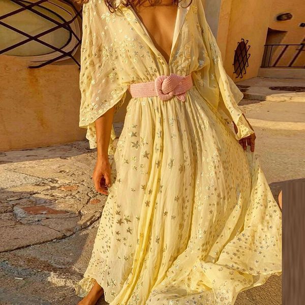 Новое весеннее длинное вечернее платье с бронзовым принтом звезд, женское сексуальное платье макси с глубоким v-образным вырезом, летнее богемное праздничное платье с короткими рукавами 240223