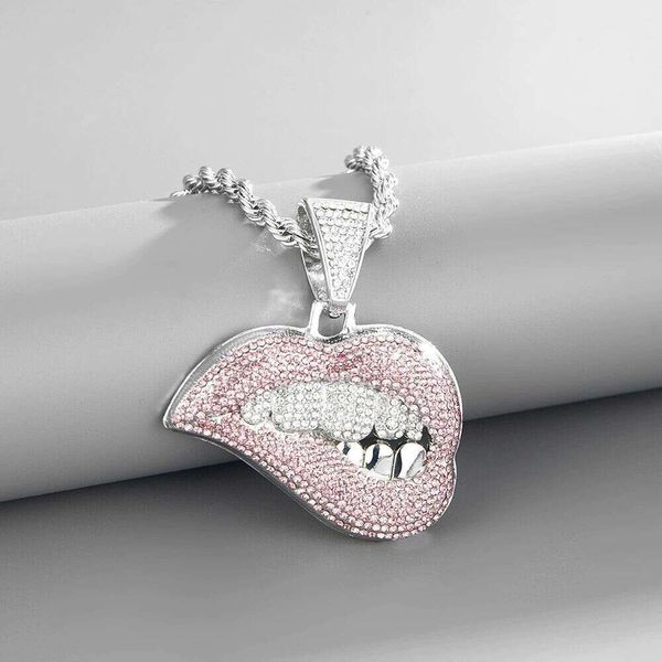 Кубинское цепное теннисное ожерелье хип -хоп хип -хоп -законодатель, полный бриллиантов, розовые губы алмазные зубы подвесное кубинское колье преувеличенное личность прохладная пара