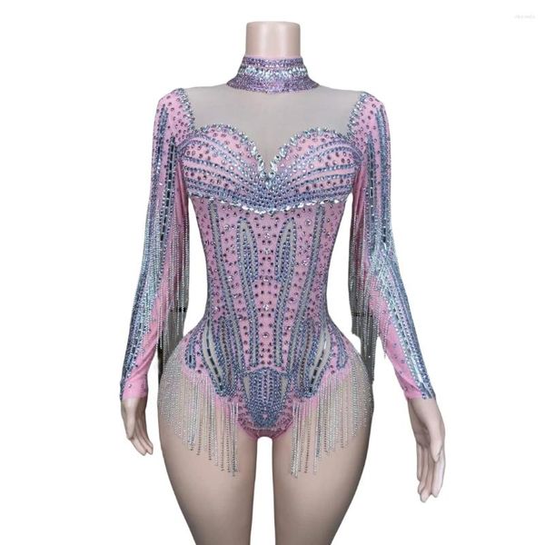 Stage Wear Sparkly Clubbing Strass Drill Chain Body per le donne Sexy manica lunga See Through Mesh Body Carnevale Pography 2024