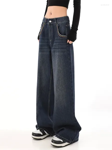 Damen Jeans Vintage Dunkelblau Harajuku Streetwear 2000er Jahre Oversize High Waist Denim Hose 90er Y2k Baggy Wide Leg Cowboy Hose