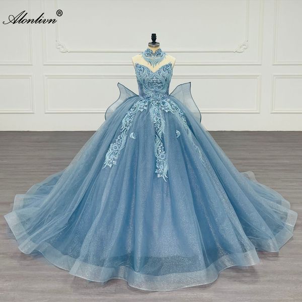 Alonlivn atemberaubendes schulterfreies Ballkleid-Hochzeitskleid aus Tüll, Eleganz, Perlenstickerei, Spitze, herzförmiger Prinzessinnen-Brautkleid mit Schleife